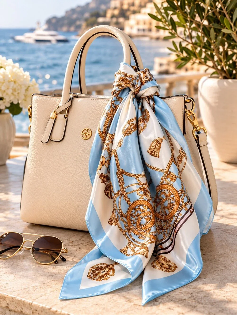 Silk-Feel Blue & Gold Patterned Head Scarf/Bag Accessory/Scarf